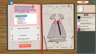 Dressmaker sketchbook screen showing a customer brief, the requirement tags and the drafted pattern