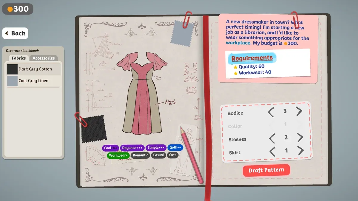 The Dressmaker prototype key art showing a two-tone dress displayed on a dress form
