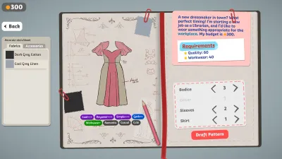 The Dressmaker prototype key art showing a two-tone dress displayed on a dress form