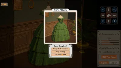 Dressmaker dress completion screen offering to continue the commission, sell the dress or gift it
