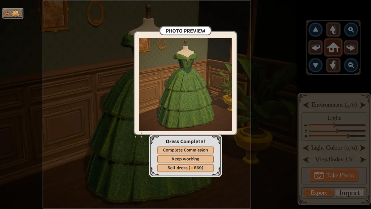Dressmaker dress completion screen offering to continue the commission, sell the dress or gift it
