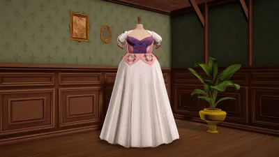 A finished pink peplum dress on a dress form in the Dressmaker shop room
