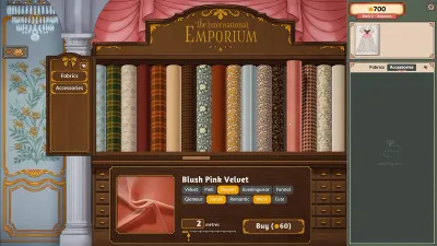 The Dressmaker fabric shop screen showing the fabrics and accessories tabs and a selected roll
