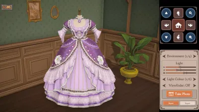 A lilac Victorian ball gown displayed on a mannequin in the Dressmaker shop room