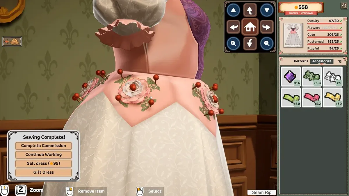Dressmaker accessory placement screen with the dress close-up and the trim and button palette