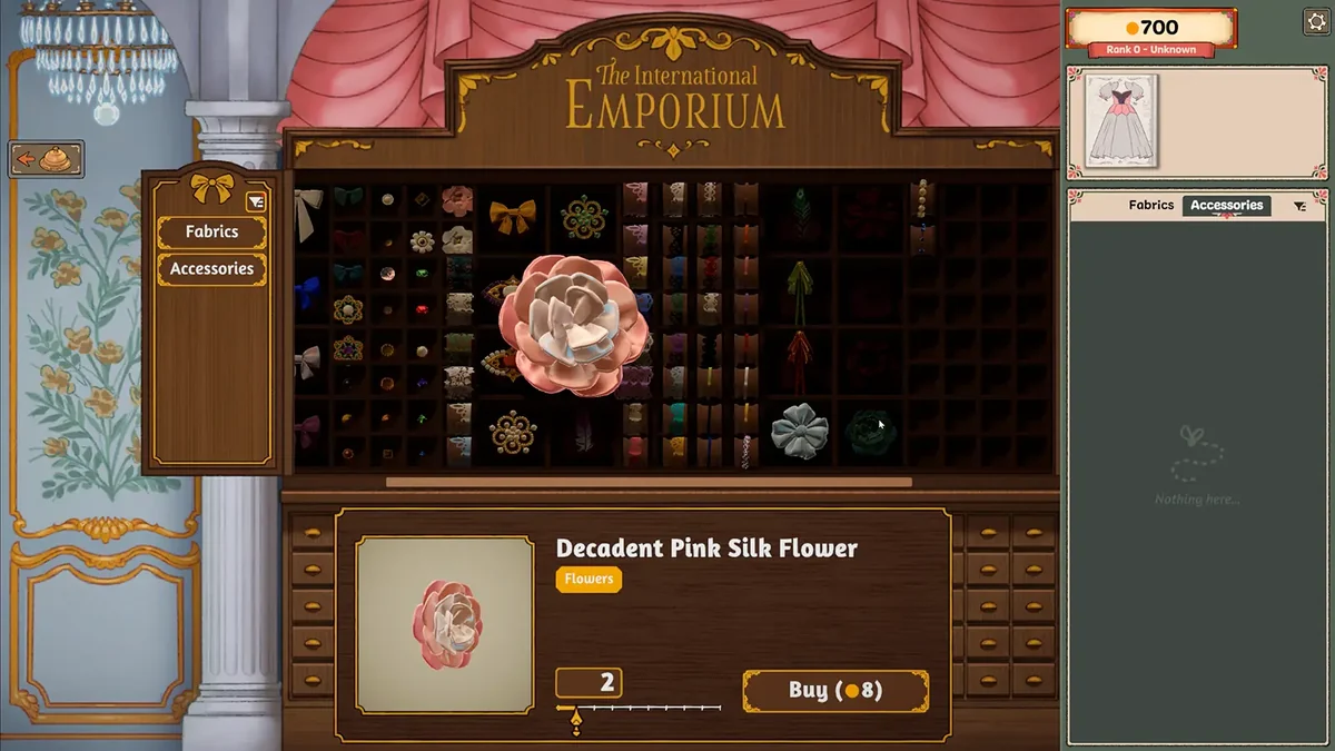 The Dressmaker accessory wall showing the selected item with its style tags