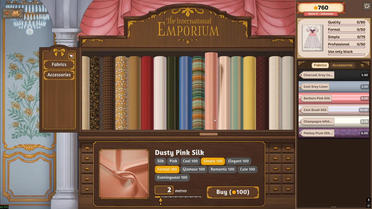 The Dressmaker fabric wall with a selected silk and its style tags